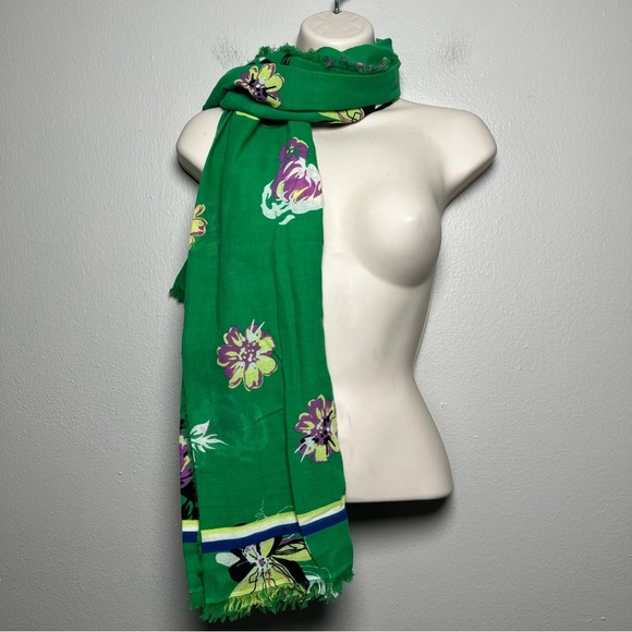 Anthropologie Women Scarf Green Floral Fray Hem‎ Spring Dainty Feminine Cotton - Picture 1 of 4